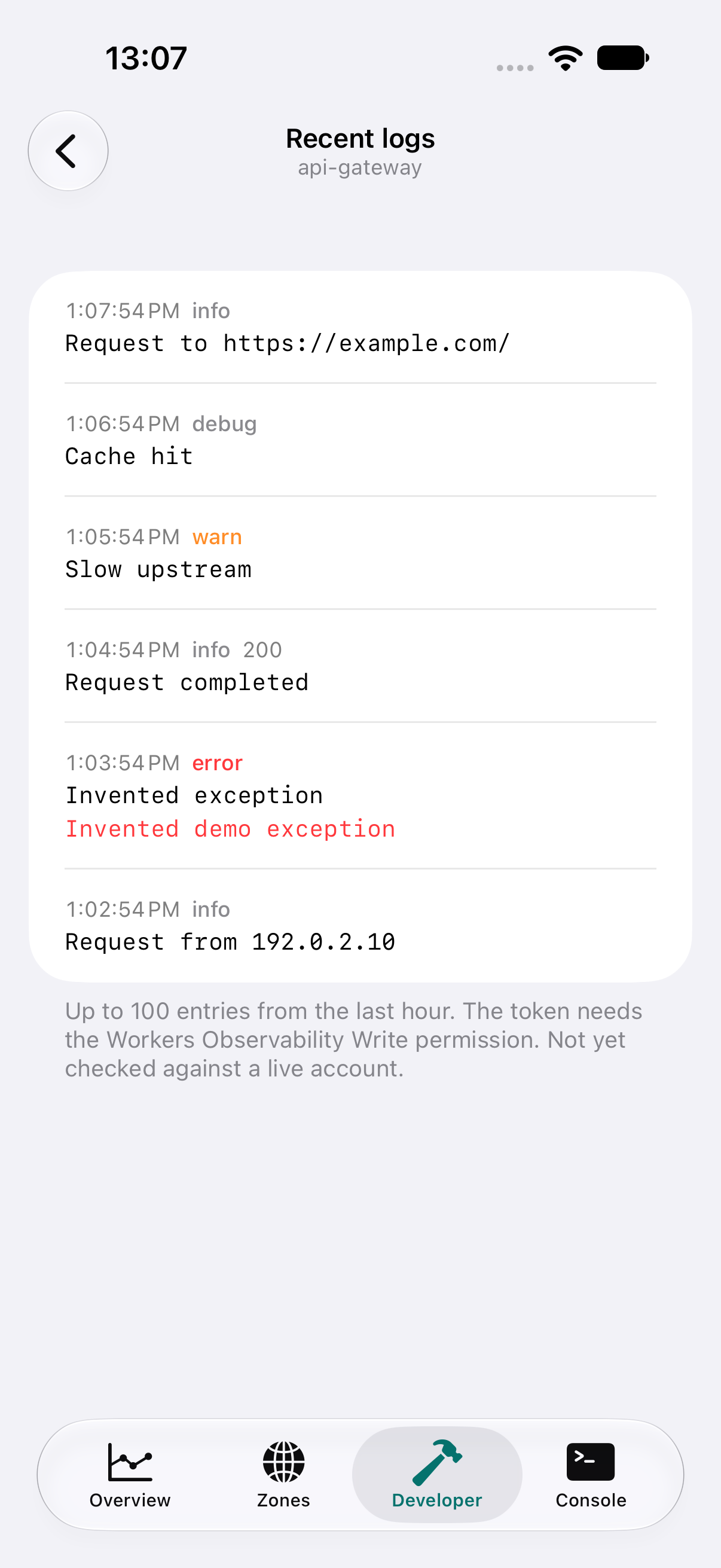 Captura do app em modo demo: logs recentes de um Worker, com example.com e mensagens inventadas. A tela informa que ainda não foi verificada em uma conta real.